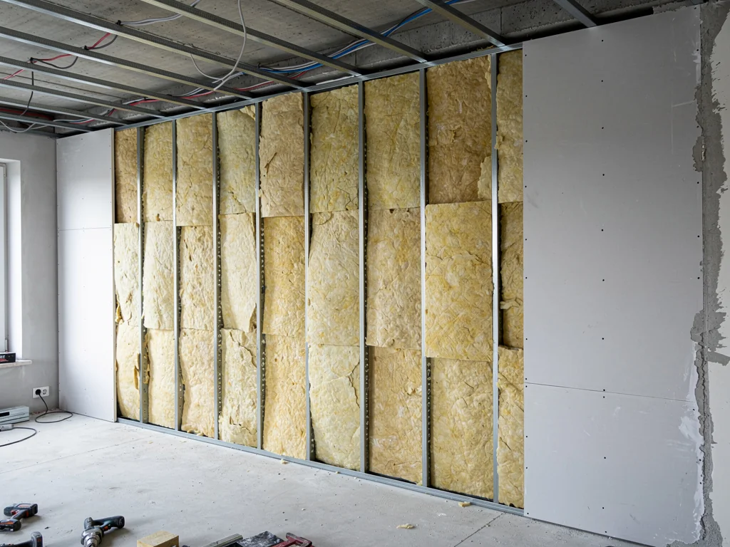 Ossature métallique garnie de laine minérale le long d'un mur de salon