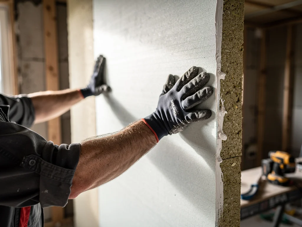 Artisan pressant un panneau isolant collé sur un mur en rénovation