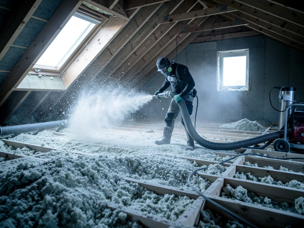 Laine minérale soufflée en flocons sur le plancher de combles perdus